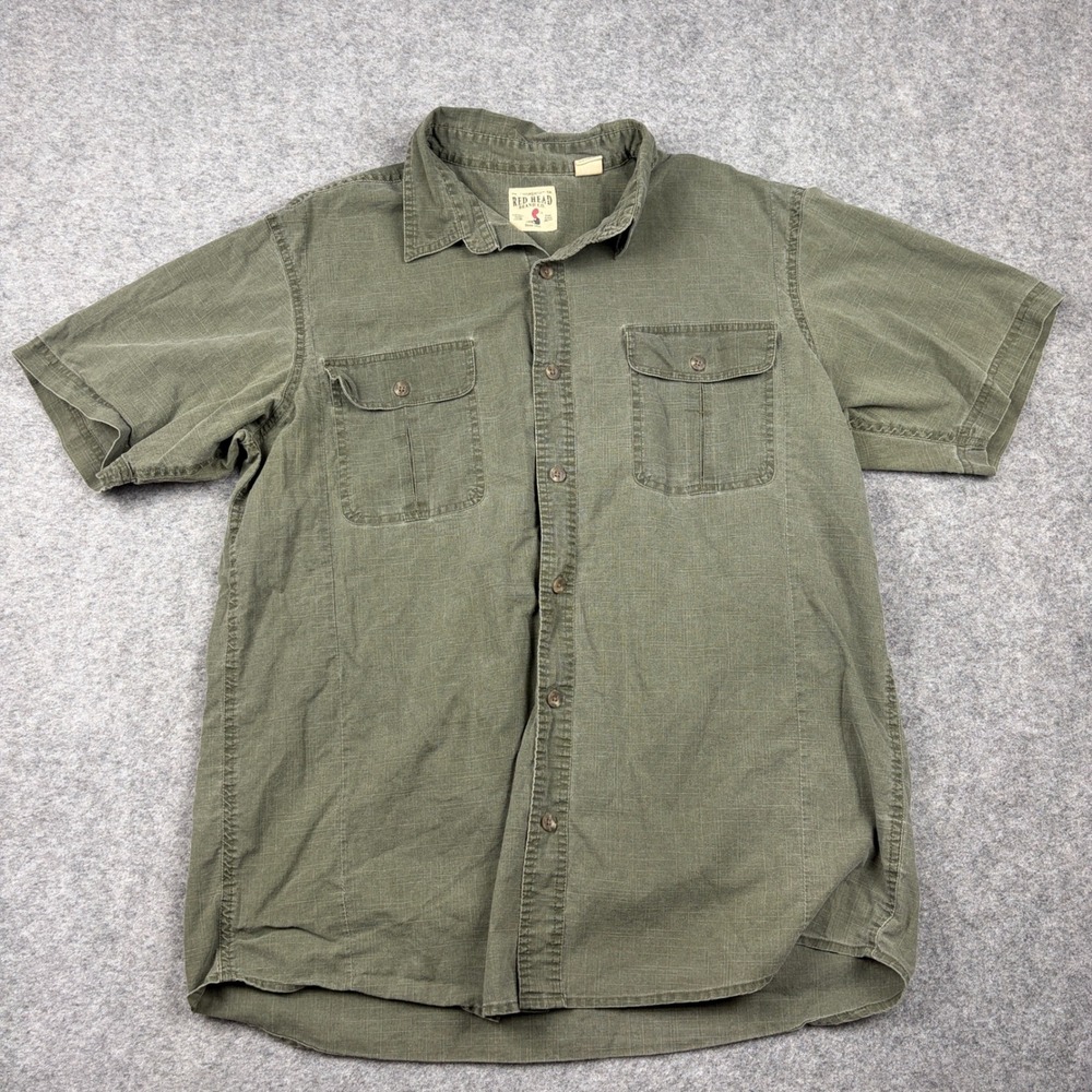 Red Head Button Up Shirt Mens XL Green Short Sleeve Utility Workwear Outdoor